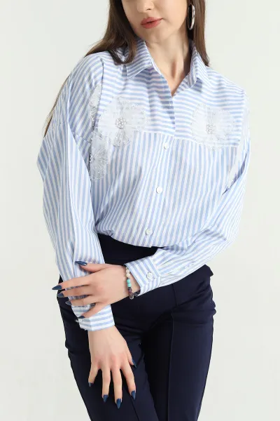 Bebe Mavisi Çizgili Çiçek Detay Poplin Bayan Gömlek 337968
