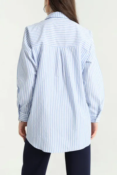 Bebe Mavisi Çizgili Çiçek Detay Poplin Bayan Gömlek 337968