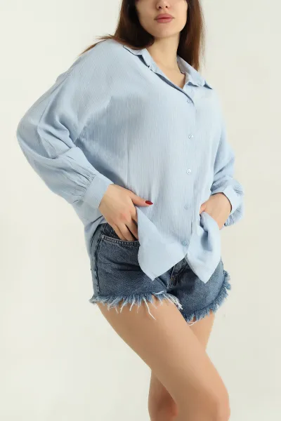 Bebe Mavisi Çizgili Oversize Bayan Keten Gömlek 336988