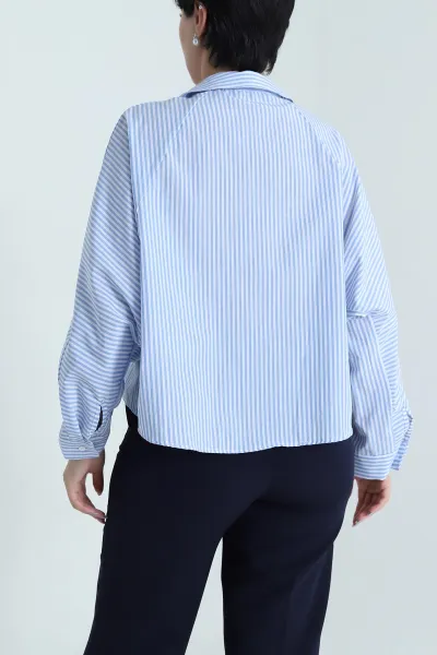 Bebe Mavisi Çizgili Oversize Poplin Kadın Gömlek 479949