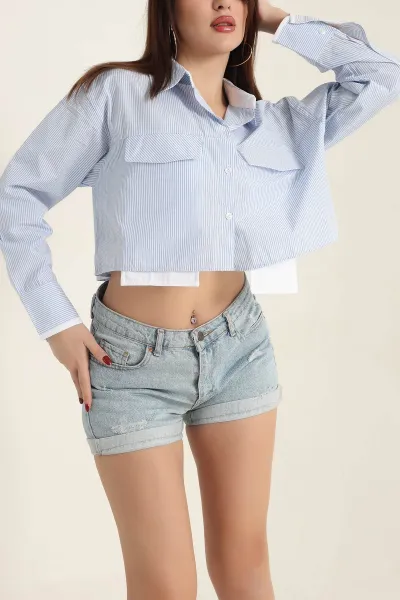 Bebe Mavisi Çizgili Poplin Bayan Crop Gömlek 337448