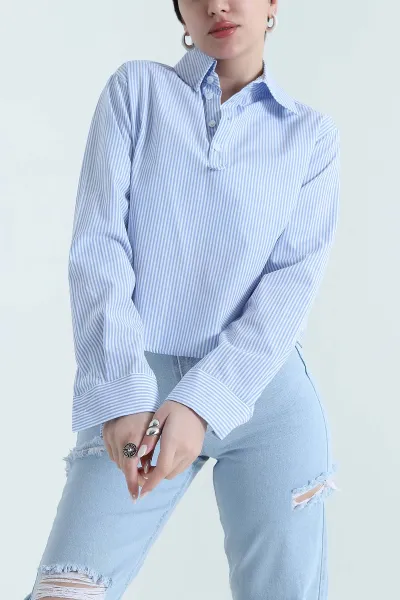 Bebe Mavisi Çizgili Poplin Kadın Gömlek Bluz 445799