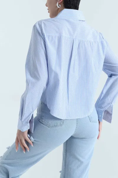 Bebe Mavisi Çizgili Poplin Kadın Gömlek Bluz 445799