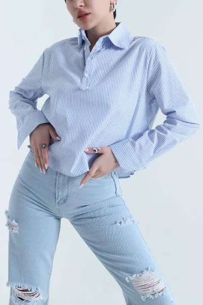 Bebe Mavisi Çizgili Poplin Kadın Gömlek Bluz 445799