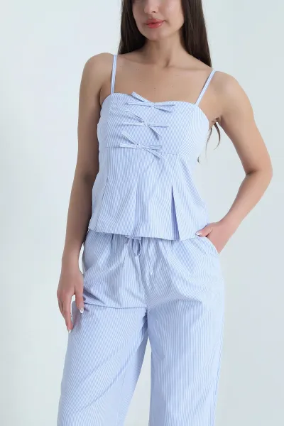 Bebe Mavisi Çizgili Poplin Kadın İkili Takım 459610