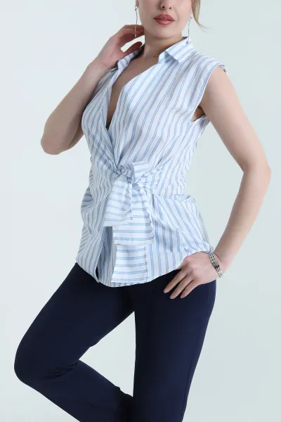 Bebe Mavisi Çizgili Poplin Kolsuz Kadın Bluz 452928