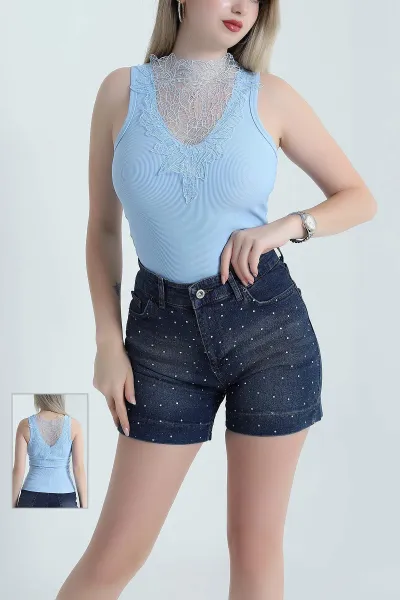 Bebe Mavisi Dantel Detay Ottoman Kadın Bluz 466176