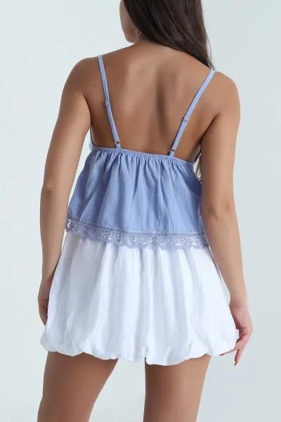 Bebe Mavisi Dantel Düğmeli Keten Kadın Crop 471732