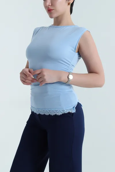 Bebe Mavisi Dantelli Büzgülü Likralı Sandy Kadın Bluz 469487
