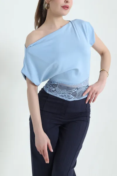 Bebe Mavisi Dantelli Geniş Yaka Kadın Oysho Bluz 432441