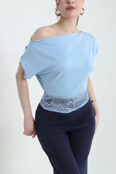 Bebe Mavisi Dantelli Geniş Yaka Kadın Oysho Bluz 432441