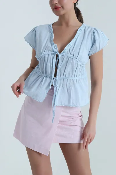 Bebe Mavisi Dantelli Keten Kadın BLuz 458370