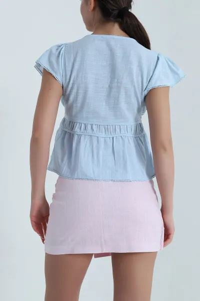 Bebe Mavisi Dantelli Keten Kadın BLuz 458370