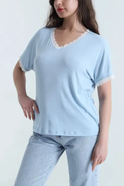 Bebe Mavisi Dantelli Likralı Viskon Kadın Bluz 456252