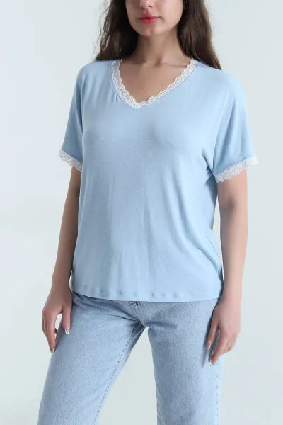 Bebe Mavisi Dantelli Likralı Viskon Kadın Bluz 456252