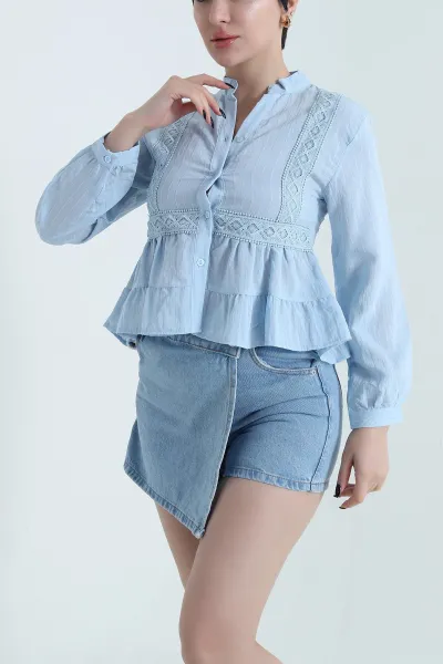 Bebe Mavisi Dantelli Tencel Kadın Gömlek 455177