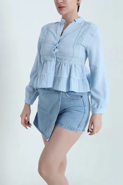 Bebe Mavisi Dantelli Tencel Kadın Gömlek 455177