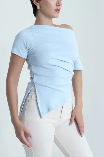 Bebe Mavisi Degaje Yaka Büzgülü Yırtmaçlı Bluz 481567