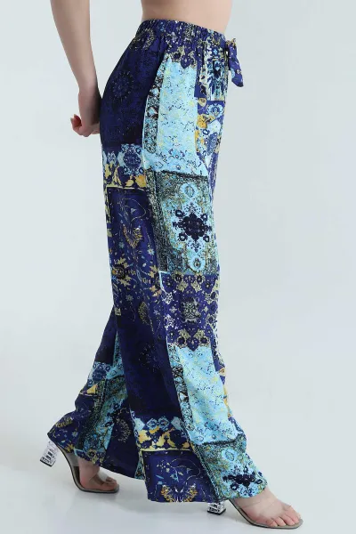 Bebe Mavisi Desenli Dokuma Kadın Pantolon 470245