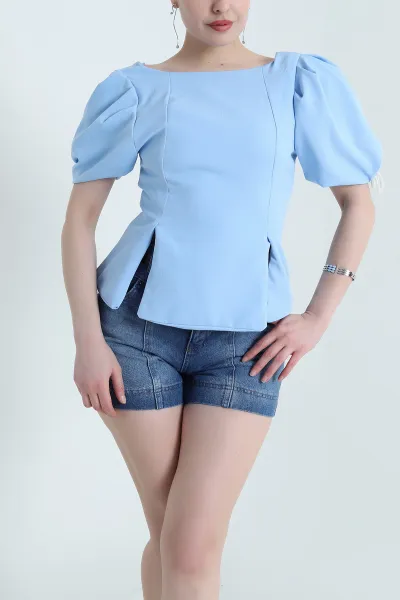 Bebe Mavisi Double Kumaş Balon Kol Kadın Bluz 455911