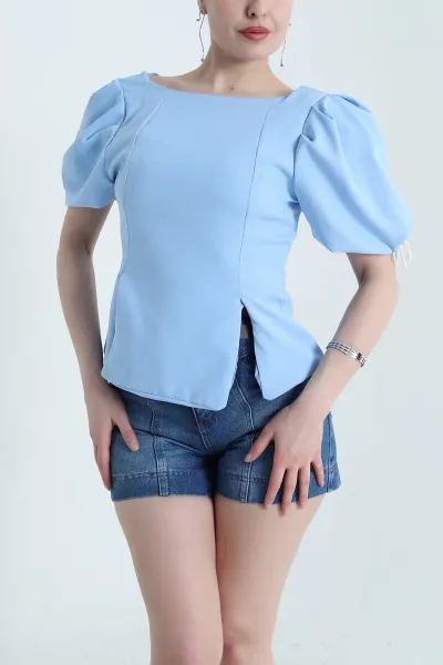 Bebe Mavisi Double Kumaş Balon Kol Kadın Bluz 455911