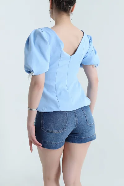 Bebe Mavisi Double Kumaş Balon Kol Kadın Bluz 455911