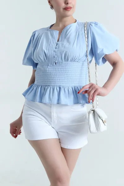Bebe Mavisi Düğmeli Poplin Kadın Gömlek Bluz 466803