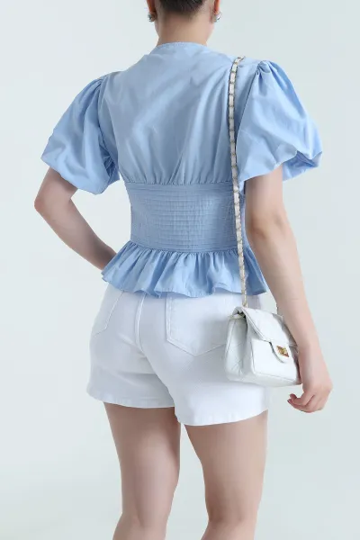 Bebe Mavisi Düğmeli Poplin Kadın Gömlek Bluz 466803
