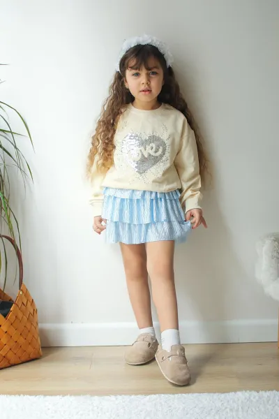 Bebe Mavisi Ekru  (3-10 Yaş)Pullu Kalp Detaylı 3 Kat Etekli Kız Çocuk Takım 349583