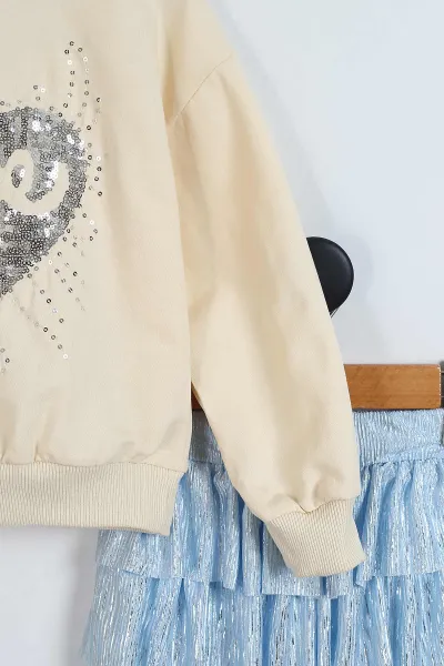 Bebe Mavisi Ekru  (3-10 Yaş)Pullu Kalp Detaylı 3 Kat Etekli Kız Çocuk Takım 349583