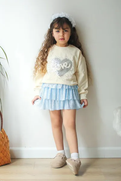 Bebe Mavisi Ekru  (3-10 Yaş)Pullu Kalp Detaylı 3 Kat Etekli Kız Çocuk Takım 349583