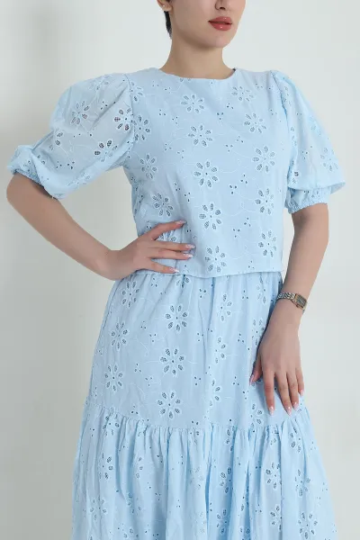Bebe Mavisi Etek Bluz Brodeli Keten Kadın İkili Takım 459990