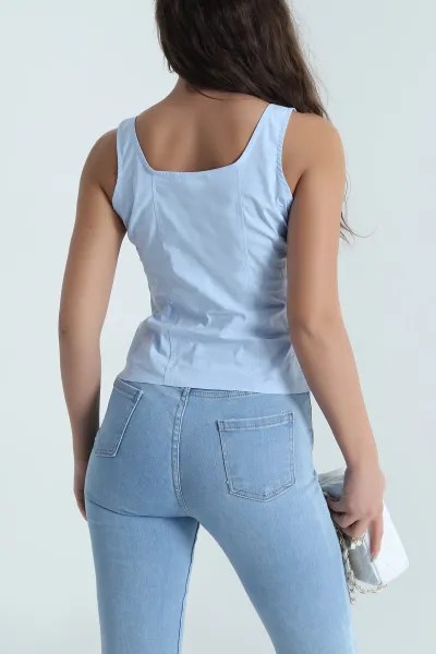 Bebe Mavisi Fermuarlı Askılı Tencel Kadın Bluz 482545