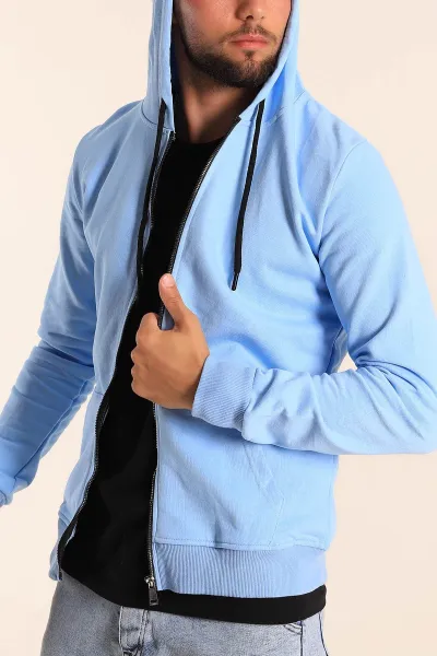 Bebe Mavisi Fermuarlı Kapüşonlu Erkek Sweatshirt 236556