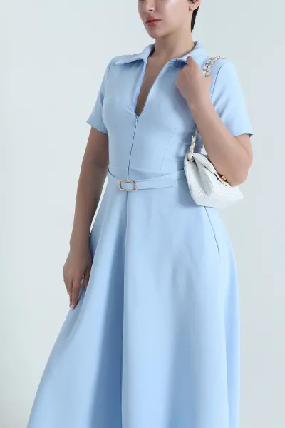 Bebe Mavisi Fermuarlı Polo Yaka Krep Kadın Elbise 465025