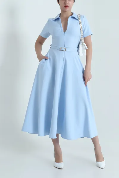 Bebe Mavisi Fermuarlı Polo Yaka Krep Kadın Elbise 465025