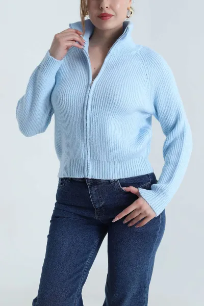 Bebe Mavisi Fermuarlı Tasarım Kadın Triko Hırka 489640