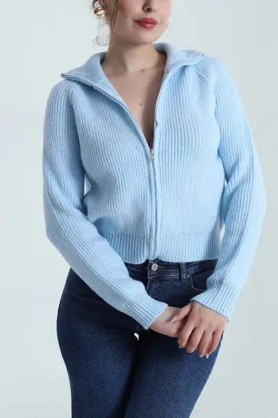 Bebe Mavisi Fermuarlı Tasarım Kadın Triko Hırka 489640
