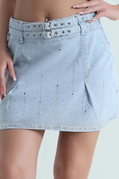 Bebe Mavisi Fermuarlı Taşlı Kadın Kot Etek 463792
