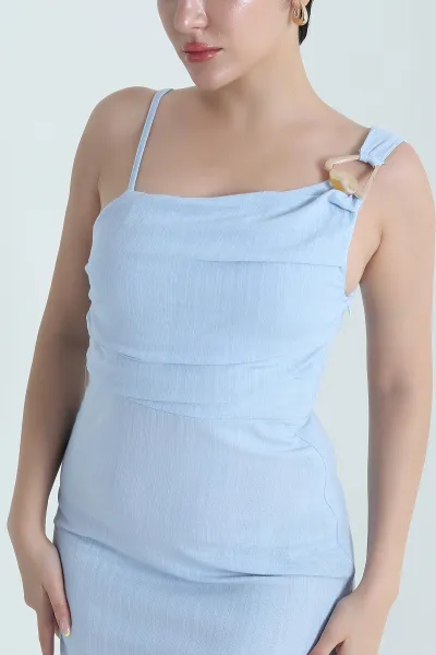 Bebe Mavisi Fermuarlı Tokalı Keten Kadın Elbise 471074