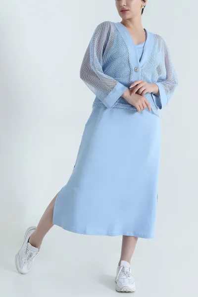 Bebe Mavisi Fileli Ceket Modal Elbise İkili Takım 468216