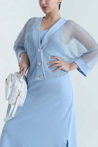 Bebe Mavisi Fileli Ceket Modal Elbise İkili Takım 468216