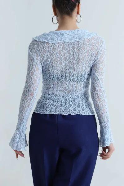Bebe Mavisi Fırfırlı Dantelli Kadın Bluz 488640