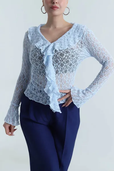 Bebe Mavisi Fırfırlı Dantelli Kadın Bluz 488640