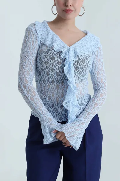 Bebe Mavisi Fırfırlı Dantelli Kadın Bluz 488640