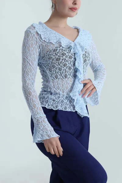 Bebe Mavisi Fırfırlı Dantelli Kadın Bluz 488640