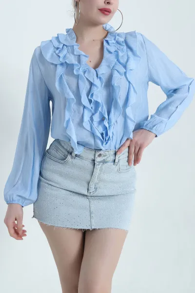 Bebe Mavisi Fırfırlı Transparan Kadın Bluz 440345