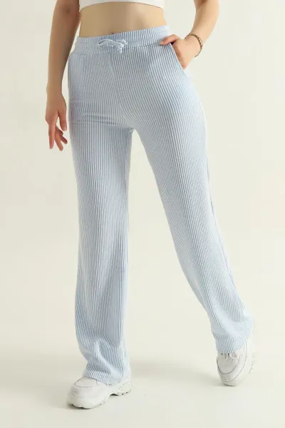 Bebe Mavisi Fitilli Çizgili Bürümcük Kumaş Kadın Pantolon 362862