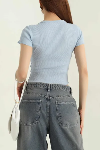 Bebe Mavisi Fitilli Likralı Bisiklet Yaka Kadın Bady Bluz 364806
