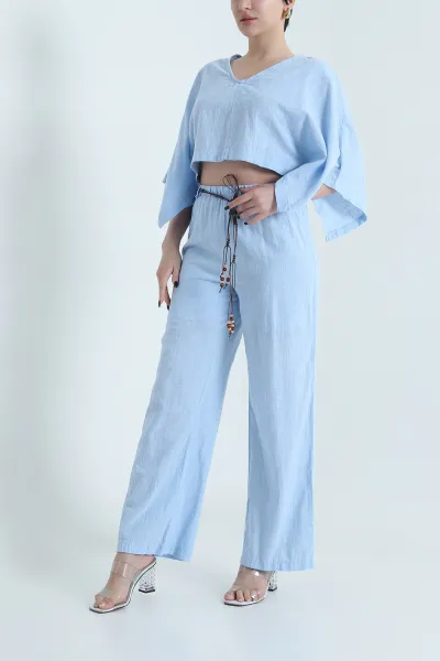 Bebe Mavisi Flam Keten Kemerli Kadın İkili Takım 453647